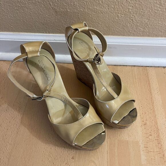 JIMMY CHOO Beige Patent Leather Pela Cork Wedge T Strap Sandals Size 38.5 - Picture 3 of 12